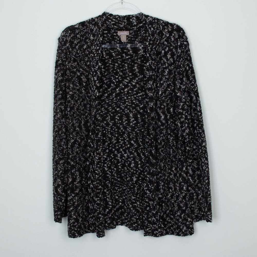 Chicos‎ Womens Boucle Knit Open Front Cardigan Size L 2 Black White Long Sleeve